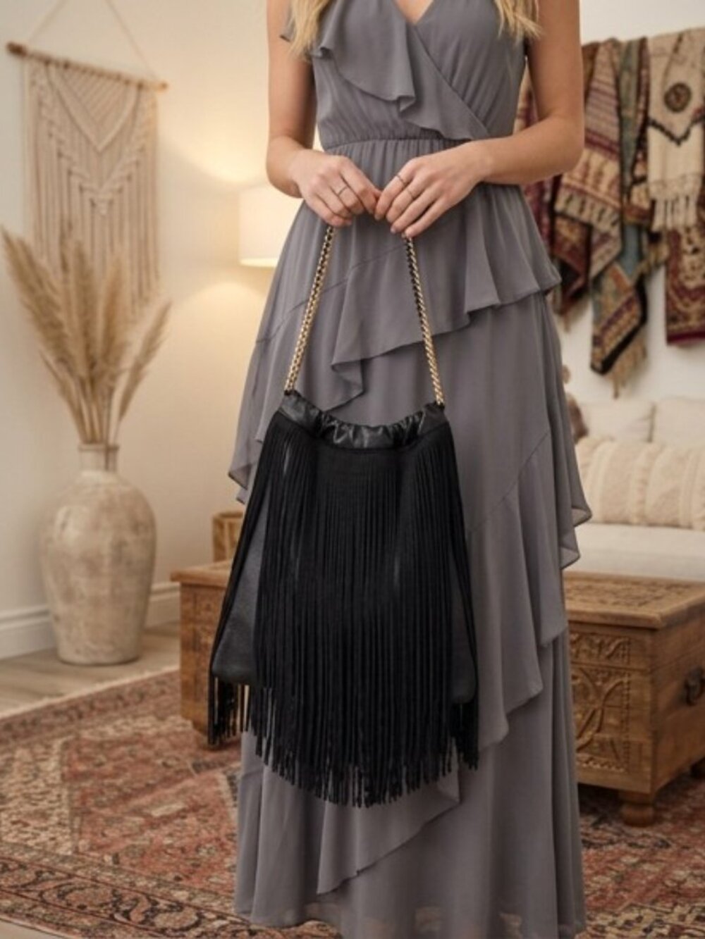 Zara Black Boho Fringe Shoulder Faux Leather Bag